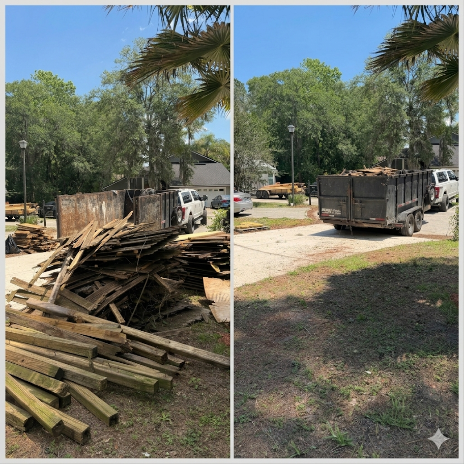 Before and after debris haul-away — pile of wood removed and yard cleared