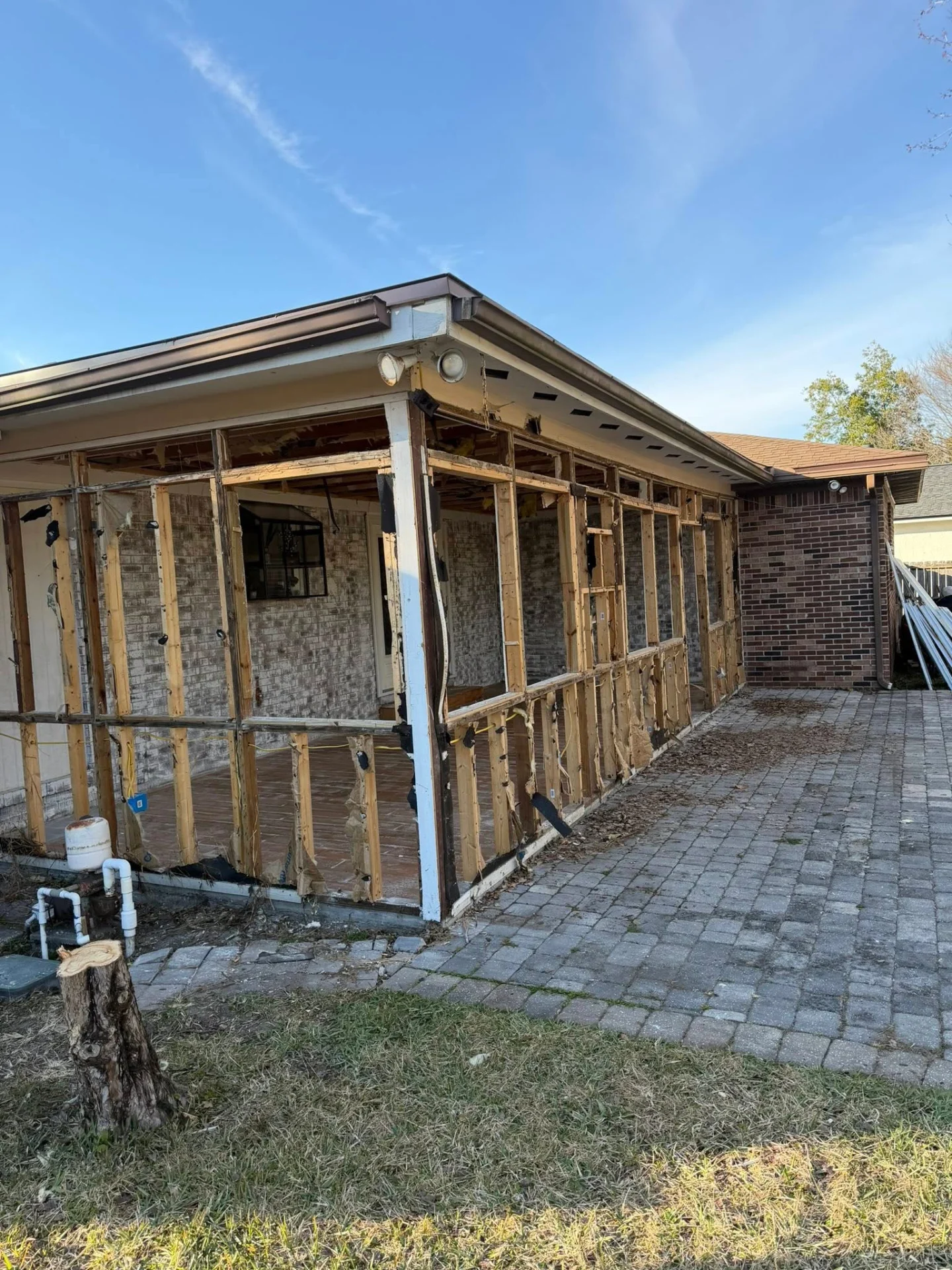 Exposed framing during structural demolition