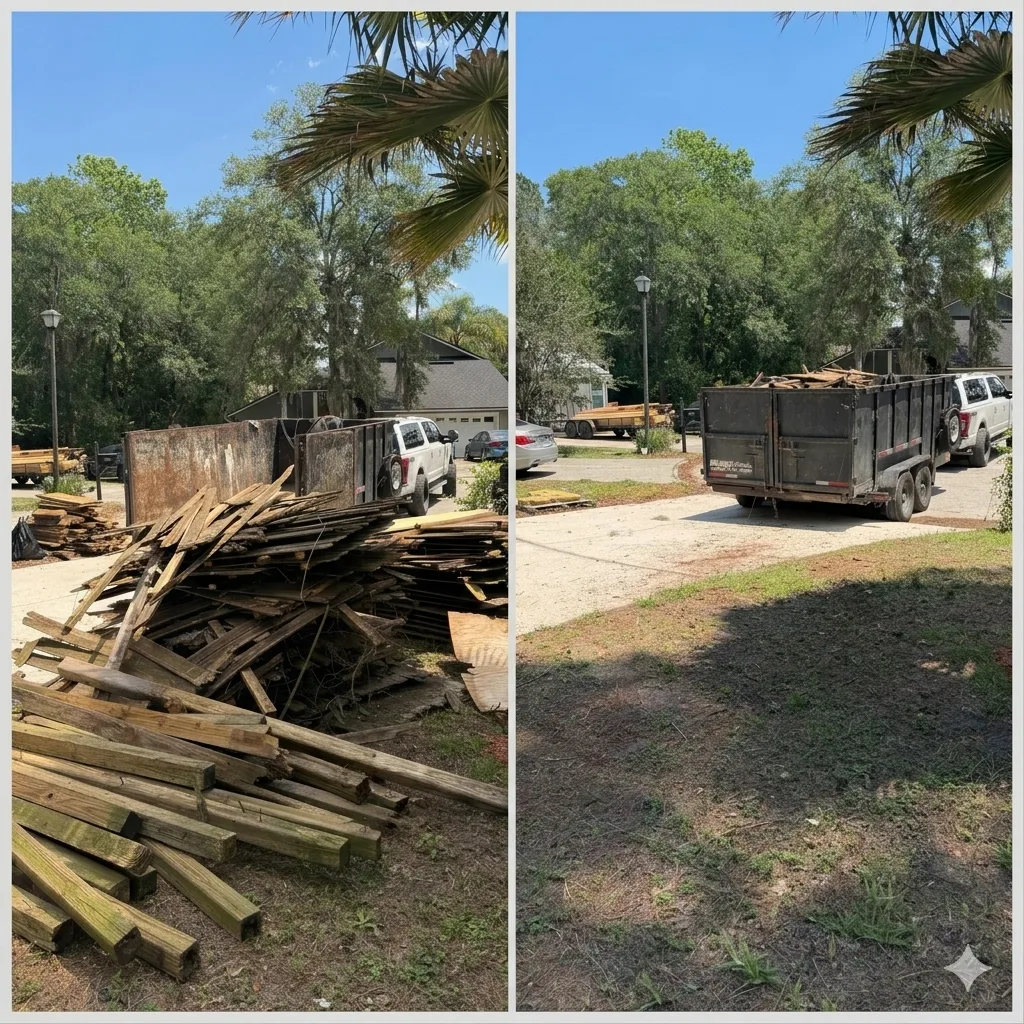 Before and after removal of a large pile of scrap lumber from a Jacksonville front yard